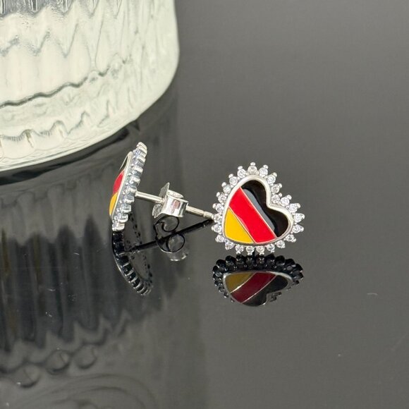 Germany Flag Earrings Heart bling S925 Sterling Silver Handmade Ear Stud - Picture 3 of 5